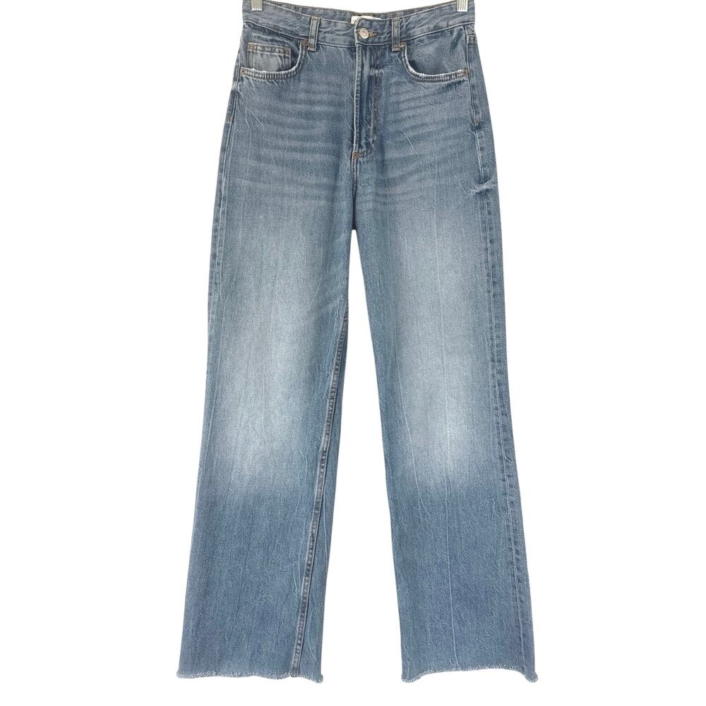 Zara High Rise Wide Leg Raw Hem Jeans Size 6
